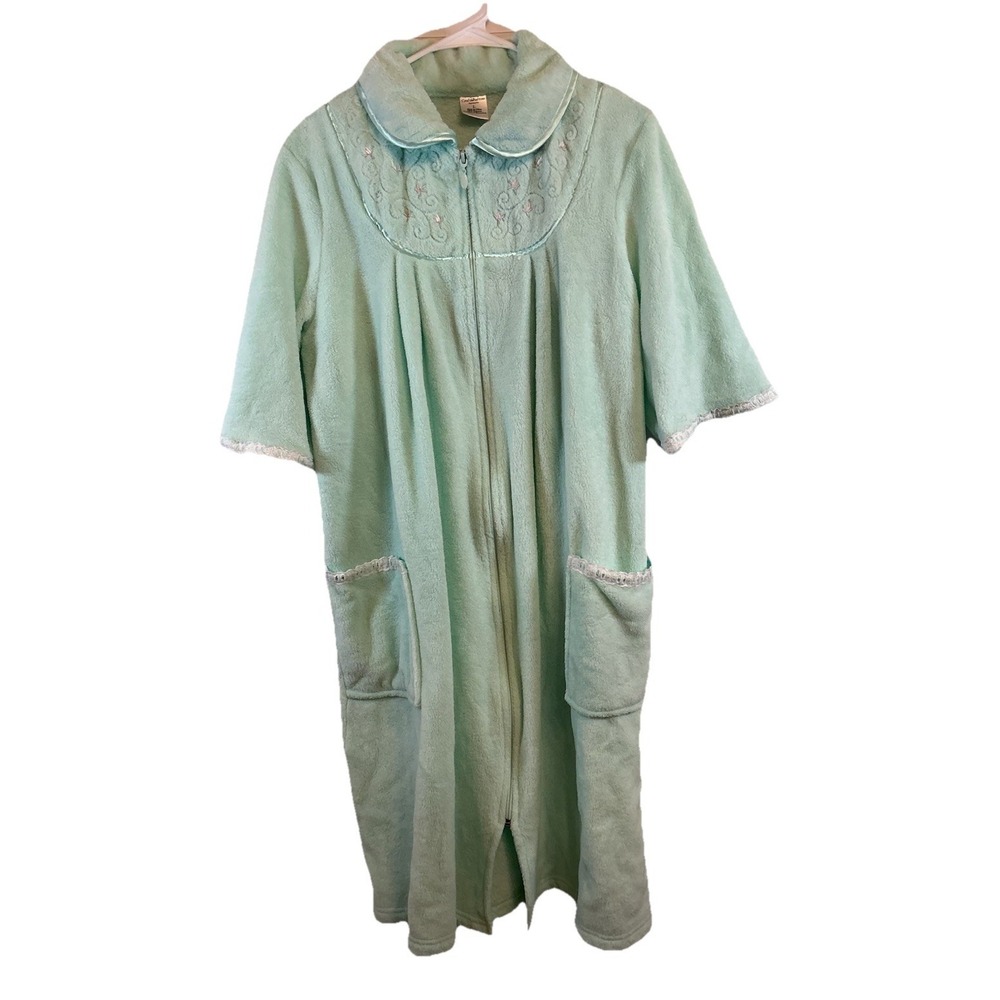 CROFT & BARROW SZ L Mint ROBE WARM COZY Pockets SOFT FEEL Full Zip EMBROIDERED